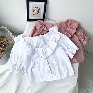 Plain Ruffled-trim Short-sleeve Top