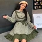 Plaid Ruffle Hem Long-sleeve Shift Dress