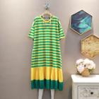 Short-sleeve Color Block Striped Panel Smocked Dress