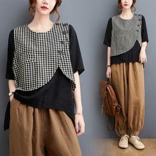 Asymmetrical Gingham Vest Black - One Size
