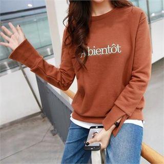 Slit-cuff Embroidered-lettering Sweatshirt