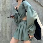 Long-sleeve Plain Hooded Top / Wide-leg Shorts