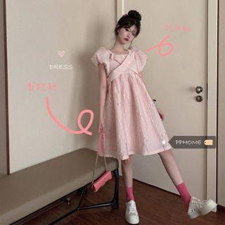 Puff-sleeve Textured A-line Dress Pink - One Size