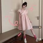 Puff-sleeve Textured A-line Dress Pink - One Size