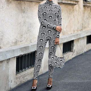 Long-sleeve Turtleneck Print Skinny Jumpsuit