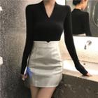 Long-sleeve V-neck Top / Faux Leather Mini Pencil Skirt