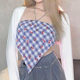 Set: Halter-neck Cherry Print Top + Long-sleeve Crop Top