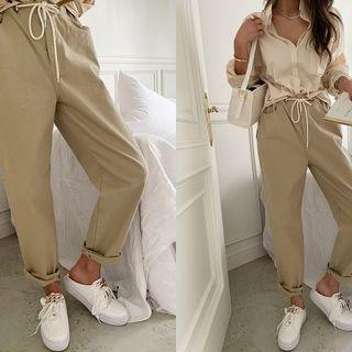 Drawstring-waist Harem Pants Beige - One Size