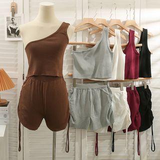Set: One-shoulder Crop Tank Top + Drawstring Shorts In 5 Colors