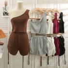 Set: One-shoulder Crop Tank Top + Drawstring Shorts In 5 Colors