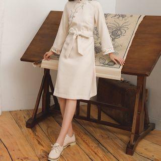 Flower Embroidered Mandarin Collar Long-sleeve A-line Dress