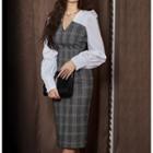 V-neck Panel Plaid Dress