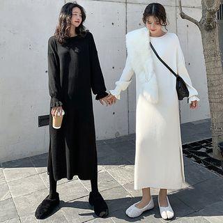 Flare-cuff Balloon-sleeve Midi Knit Dress