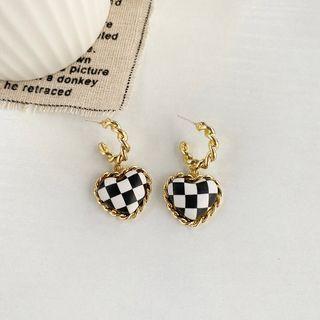 Heart Checker Alloy Dangle Earring 1 Pair - S925 Silver Stud - Check - Black & White - One Size