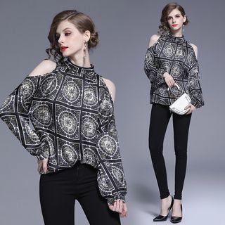 Patterned Cold Shoulder Long-sleeve Top As Shown In Figure - One Size
