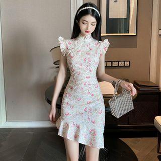 Mandarin Collar Ruffle Trim Floral Mini Mermaid Dress