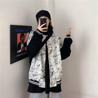 Long Sleeve Contrast Trim Tie Dye Pattern Baseball Jacket