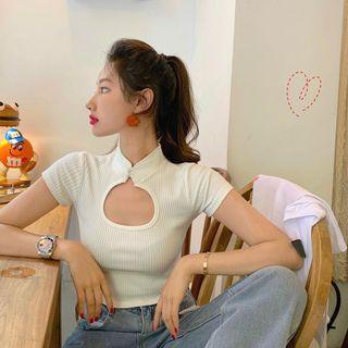 Cutout Short-sleeve Slim-fit Top White - One Size