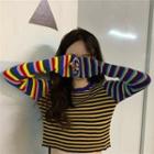Striped Long Sleeve Cropped T-shirt As Shown In Figure - One Size
