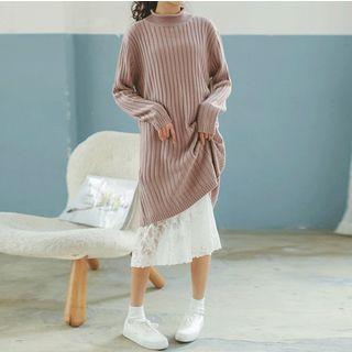 Long-sleeve Mock-neck Knit Dress / Lace Dress