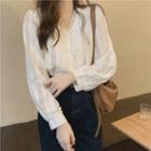 Puff Long-sleeve V-neck Plain Lace Trim Blouse Almond - One Size
