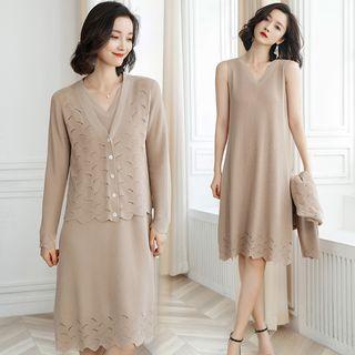 Set: Sleeveless Mini Knit Dress + Pointelle Knit Cardigan