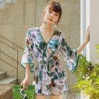 Set: Floral Bikini Top + Swimshorts + 3/4-sleeve Cover-up Light Robe