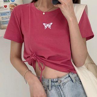 Short-sleeve Drawstring Butterfly Print T-shirt
