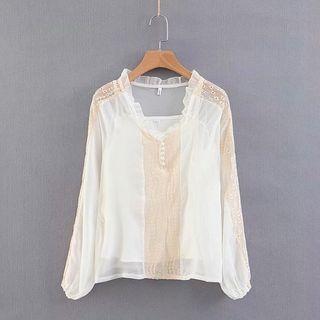 Set: Lace Panel Sheer Blouse + Camisole White & Almond - One Size