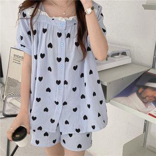 Puff-sleeve Heart Print Sleep Top / Shorts / Sleep Dress