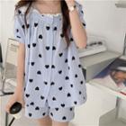Puff-sleeve Heart Print Sleep Top / Shorts / Sleep Dress