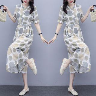 Short-sleeve Dotted Line A-line Midi Dress