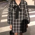 Long-sleeve Tie-neck Tweed Plaid Mini Dress As Shown In Figure - One Size