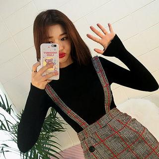 Set: Knit Top + Flounced Glen-plaid Suspender Skirt
