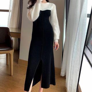 Two-tone Slit-hem Midi A-line Sweater Dress