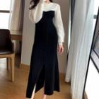 Two-tone Slit-hem Midi A-line Sweater Dress