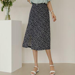 Slit-front Silky Midi Floral Skirt