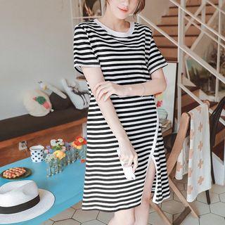 Short-sleeve Striped Slit-side Dress
