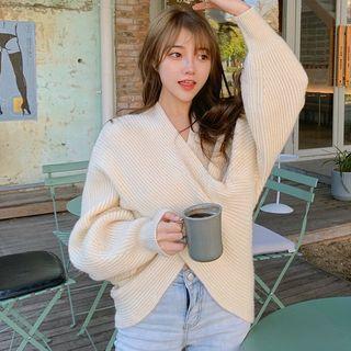 Puff-sleeve V-neck Knit Sweater Almond - One Size