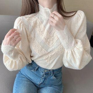 Mock-neck Lace Blouse Beige - One Size