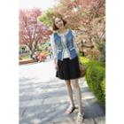 Lace-sleeve Faux-pearl Trim Denim Jacket