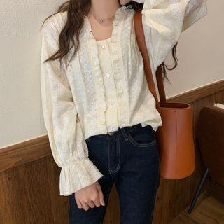 Ruffled Bell-sleeve Lace Blouse Beige - One Size