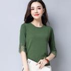 Elbow-sleeve Lace-panel Knit Top