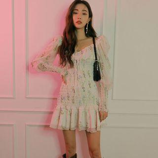 Lantern-sleeve Floral Mini Sheath Dress White - One Size
