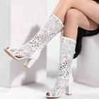 Perforated Peep-toe Block Heel Tall Boots