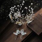 Wedding Set: Faux Pearl Branches Tiara + Fringed Earring Tiara & 1 Pair Clip On Earrings - One Size