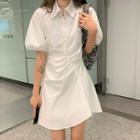 Puff-sleeve Shirred Mini A-line Shirt Dress White - One Size