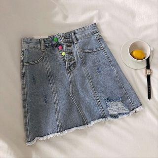 Frayed High-waist A-line Skirt