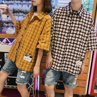 Couple Matching Elbow-sleeve Plaid Shirt