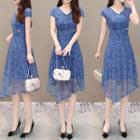 V-neck Short-sleeve Mesh Panel A-line Dress